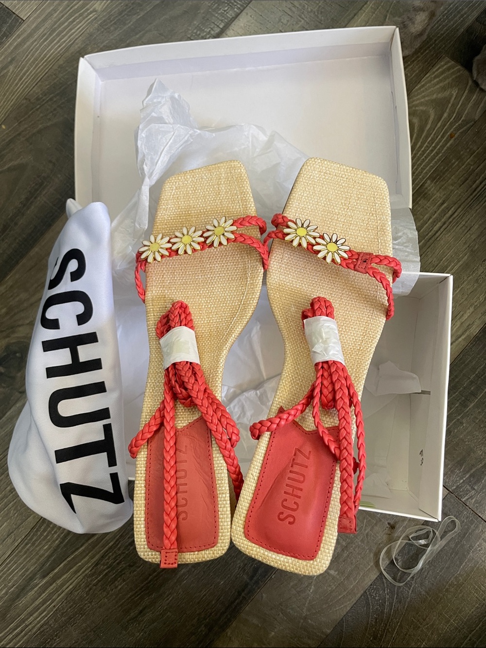 SCHUTZ Coral Braided Daisy  Sandals with Woven Footbed, Leather Sole